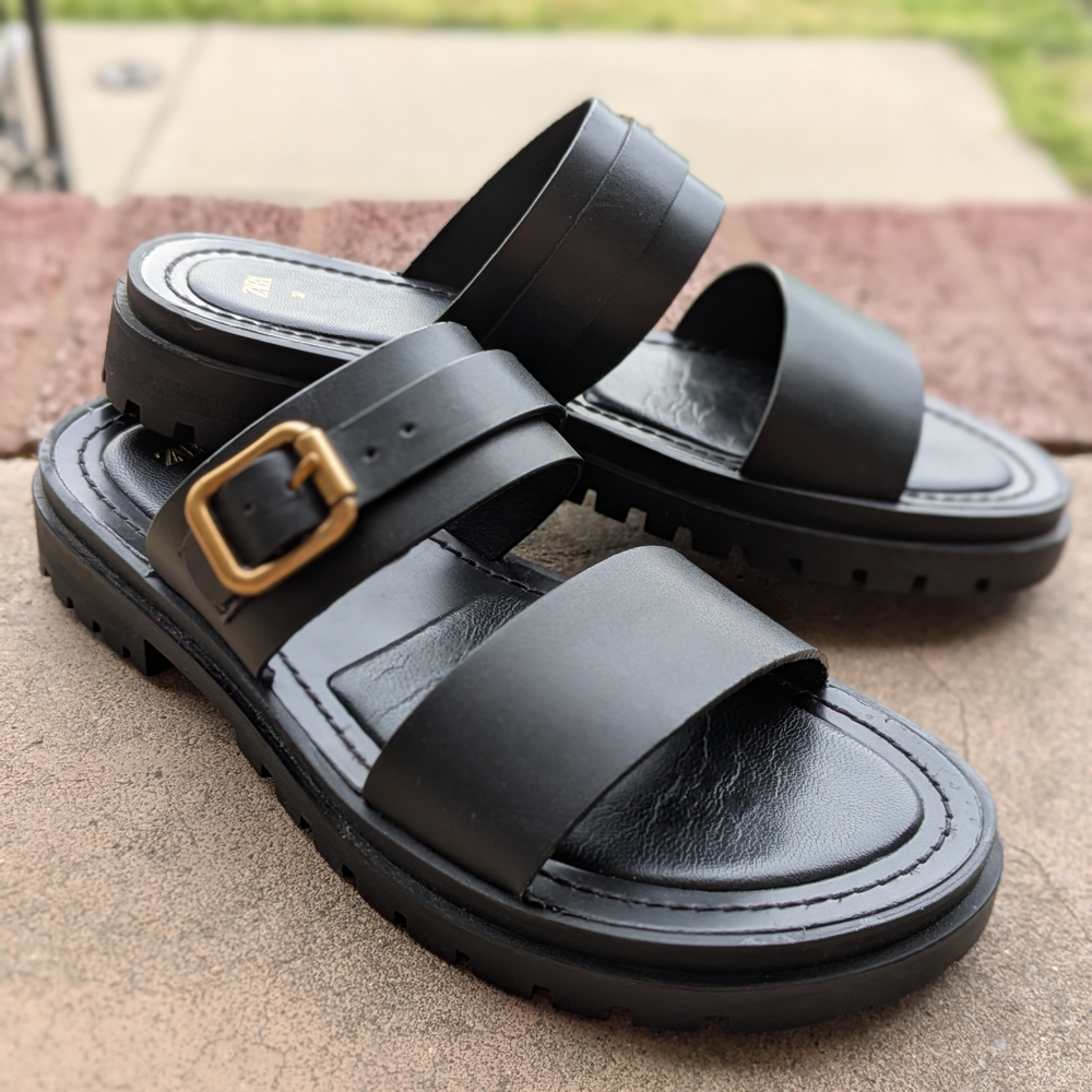 Zara Black Sandals with Gold Buckle